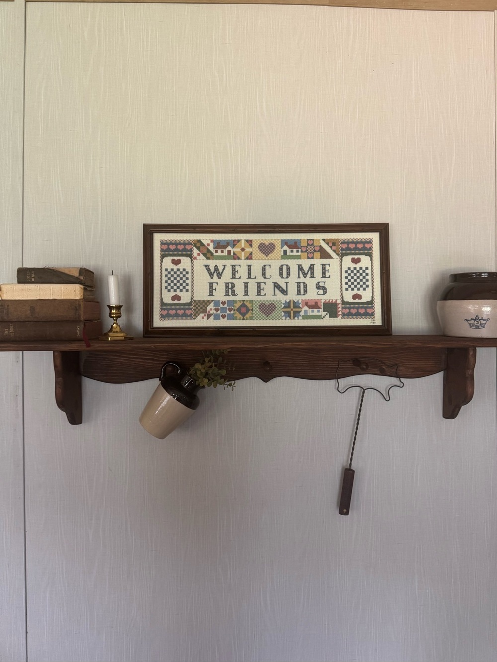 Welcome Friends Framed Cross stitch Sampler Art - Cream, Blue, Pink Accent